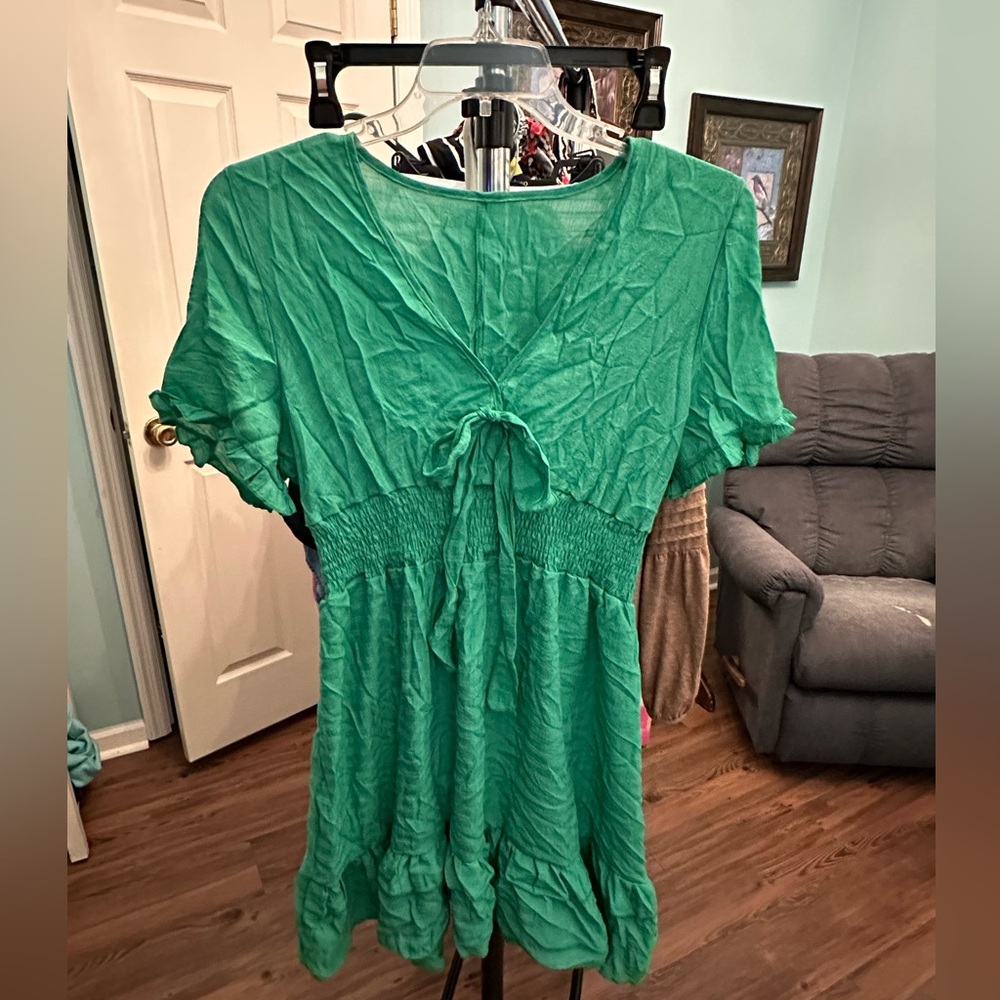 SHEIN Vibrant Green Short Summer Dress  with Bow  Detail